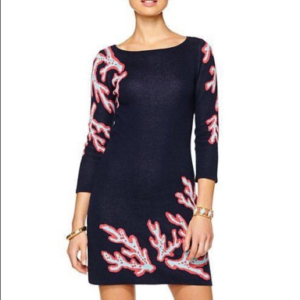 Lilly Pulitzer Women's XS Blue Sweater Dress 3/4 Sleeve Coral‎ Pattern